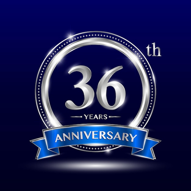 Logotipo del 36.º aniversario con estilo retro Número plateado y texto con diseño vectorial de cinta azul