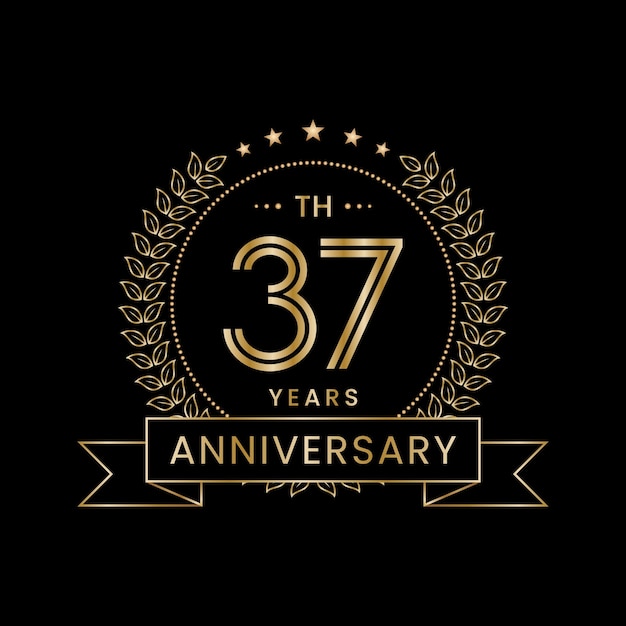 Logotipo del 37.º aniversario con corona de laurel dorada Diseño de vectores de arte lineal