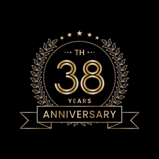 Logotipo del 38.º aniversario con corona de laurel dorada Diseño de vectores de arte lineal