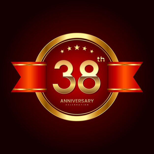 Logotipo del 38.º aniversario con estilo de insignia Logotipo del aniversario con color dorado y cinta roja Logo Vector