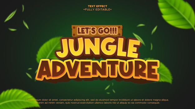 Vector logotipo 3d animado y tema de aventura en la jungla con efecto de texto. la fuente y el texto se pueden cambiar