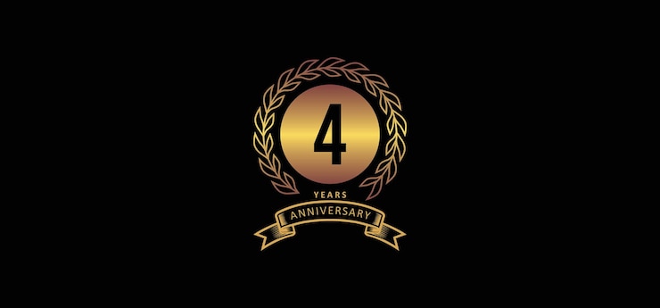 Vector logotipo del 4.º aniversario con fondo dorado y negro.