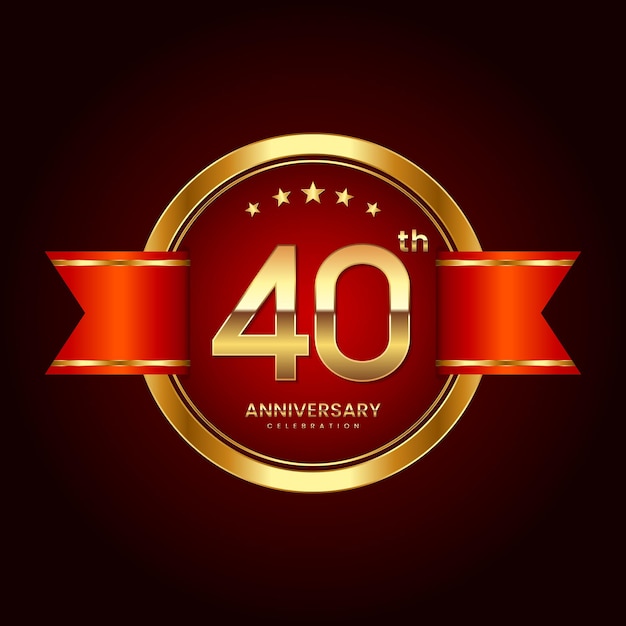 Logotipo del 40.º aniversario con estilo de insignia Logotipo del aniversario con color dorado y cinta roja Logo Vector