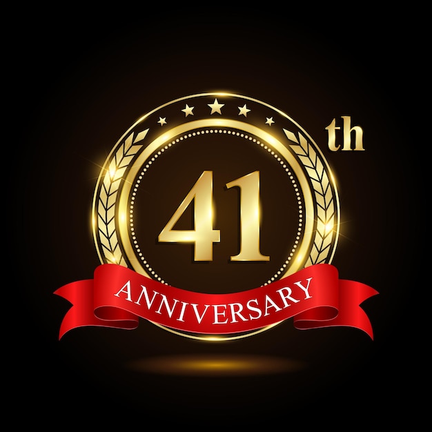 Logotipo del 41 aniversario de oro con anillo brillante y cinta roja Ira de laurel aislada en el diseño de vectores de fondo negro