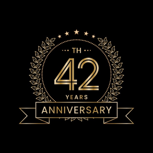 Logotipo del 42.º aniversario con corona de laurel dorada Diseño de vectores de arte lineal