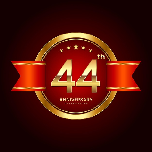 Logotipo del 44.º aniversario con estilo de insignia Logotipo del aniversario con color dorado y cinta roja Logo Vector