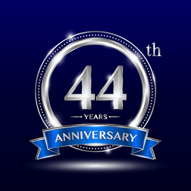Logotipo del 44 aniversario con número plateado y cinta azul Diseño vectorial Diseño de logotipo Diseño de plantilla