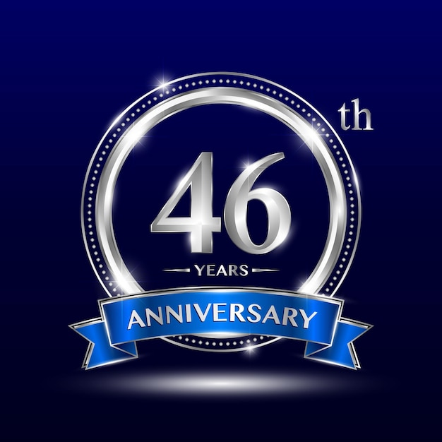 Logotipo del 46.º aniversario con número plateado y cinta azul Diseño vectorial Diseño de logotipo Diseño de plantilla