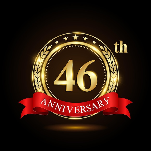 Logotipo del 46.º aniversario de oro con anillo brillante y cinta roja Ira de laurel aislada en el diseño de vectores de fondo negro