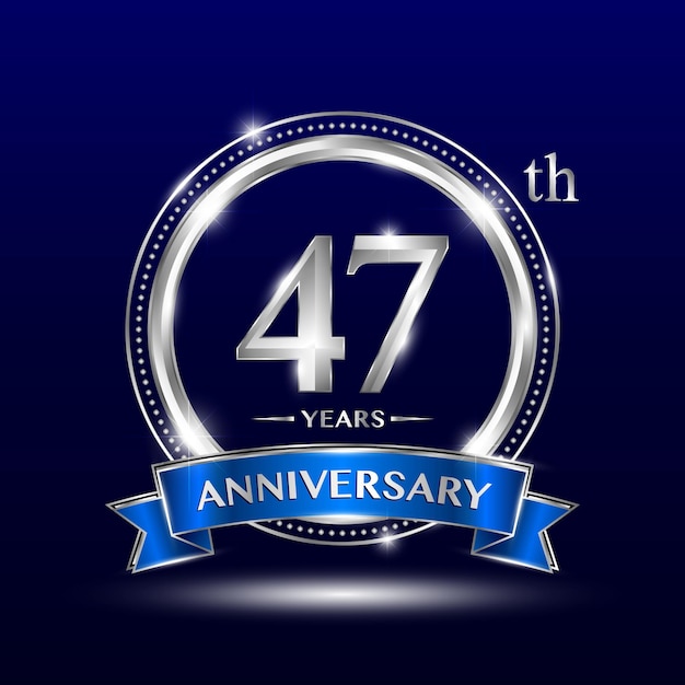 Logotipo del 47.º aniversario con número plateado y cinta azul Diseño vectorial Diseño de logotipo Diseño de plantilla