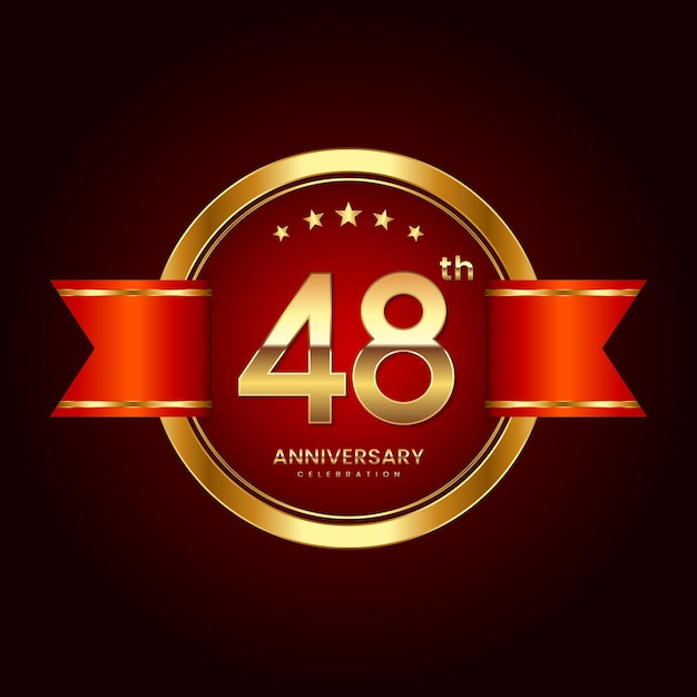 Logotipo del 48.º aniversario con estilo de insignia Logotipo del aniversario con color dorado y cinta roja Logo Vector