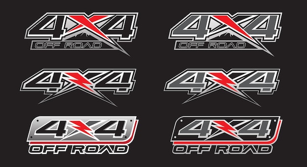 Logotipo 4x4 Off Road para camión con tracción en las 4 ruedas y vector gráfico de automóvil sobre fondo negro Diseño para envoltura de vinilo para vehículos