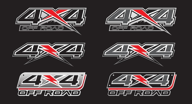 Logotipo 4x4 off road para camión con tracción en las 4 ruedas y vector gráfico de automóvil sobre fondo negro diseño para envoltura de vinilo para vehículos