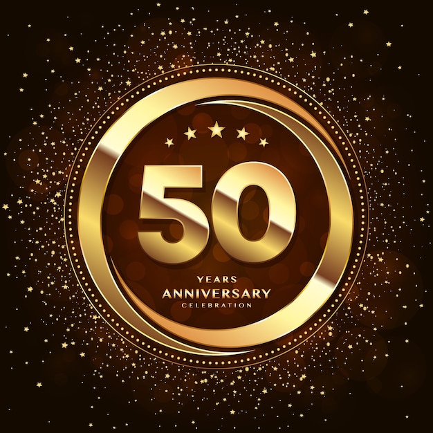 Logotipo del 50 aniversario con anillos dobles y letra dorada decorada con purpurina y confeti