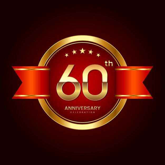 Logotipo del 60.º aniversario con estilo de insignia Logotipo del aniversario con color dorado y cinta roja Logo Vector