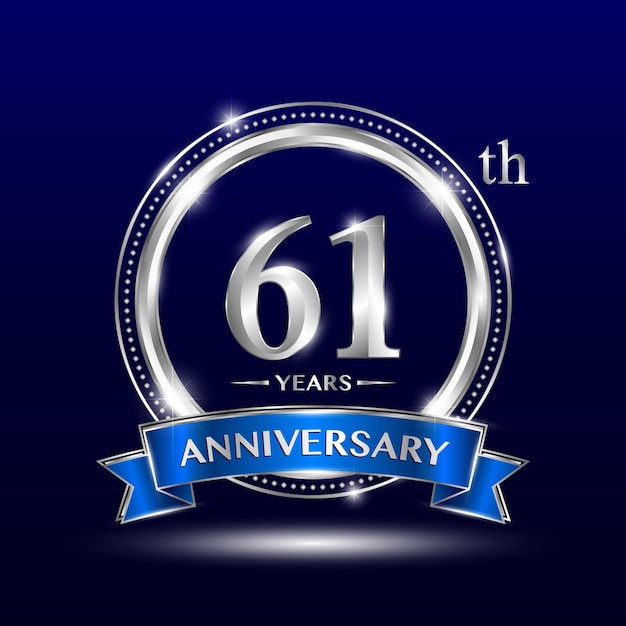 Logotipo del 61 aniversario con número plateado y cinta azul Diseño vectorial Diseño de logotipo Diseño de plantilla