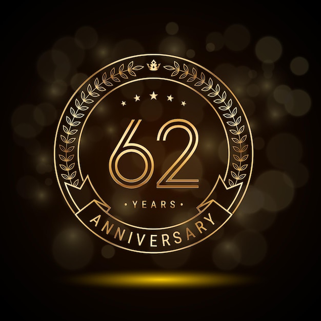 Logotipo del 62.º aniversario con corona de laurel dorada y diseño de plantilla de números de doble línea para evento de celebración de aniversario diseño de vector de estilo de doble línea