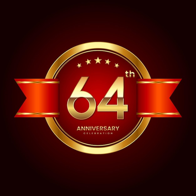Logotipo del 64.º aniversario con estilo de insignia Logotipo del aniversario con color dorado y cinta roja Logo Vector