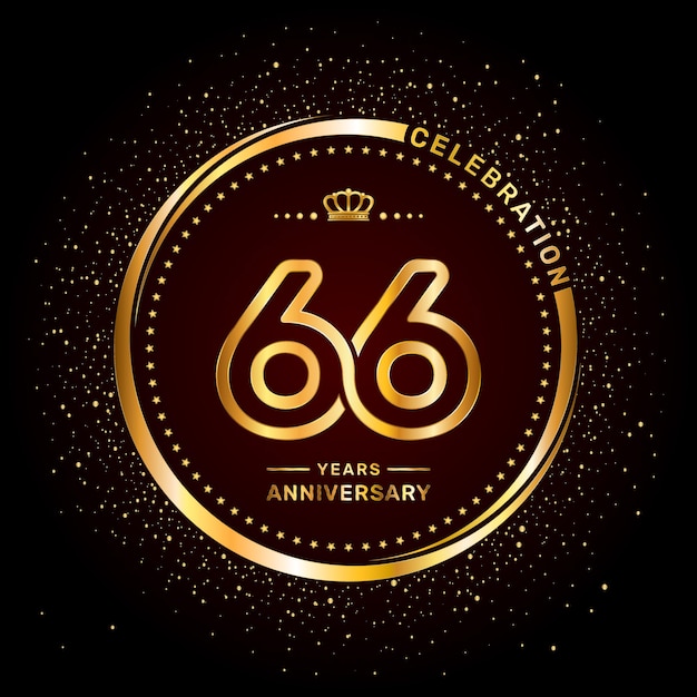 Logotipo del 66 aniversario con estilo de número de doble línea y anillo de color dorado