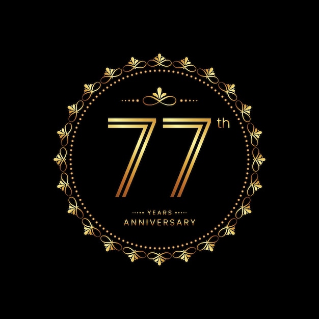 logotipo del 77.º aniversario con estilo de número de línea doble y texto en color dorado