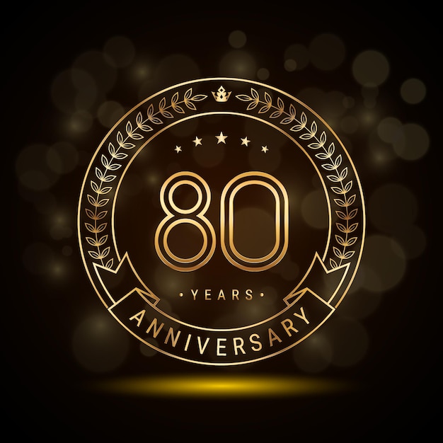 Logotipo del 80.º aniversario con corona de laurel dorada y diseño de plantilla de números de doble línea para evento de celebración de aniversario diseño de vector de estilo de doble línea