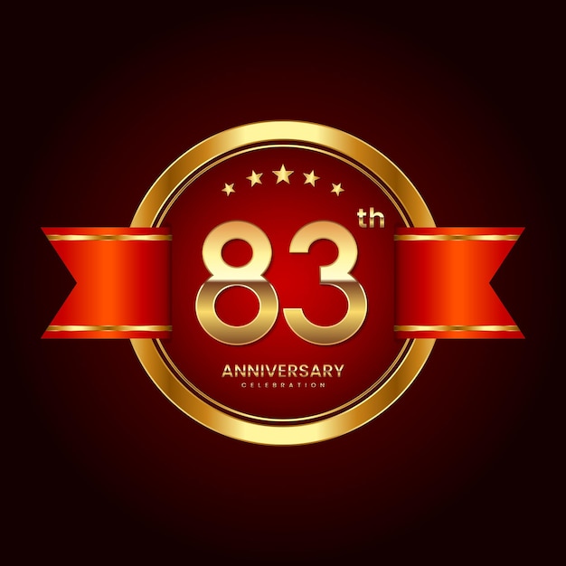 Logotipo del 83 aniversario con estilo de insignia Logotipo del aniversario con color dorado y cinta roja Logo Vector