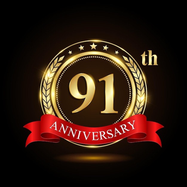 Logotipo del 91.º aniversario de oro con anillo brillante y cinta roja aislada en el diseño vectorial de fondo negro