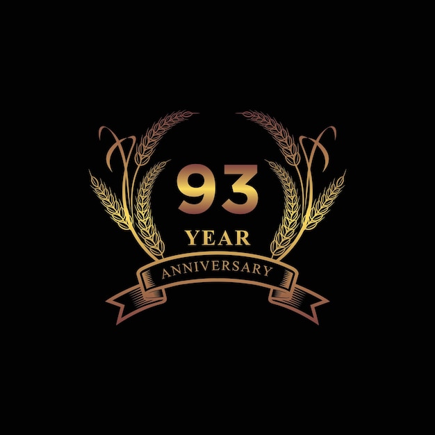 Logotipo del 93 aniversario de oro con vector de corona de laurel de anillo y cinta