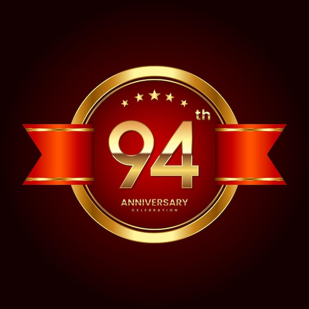 Logotipo del 94.º aniversario con estilo de insignia Logotipo del aniversario con color dorado y cinta roja Logo Vector