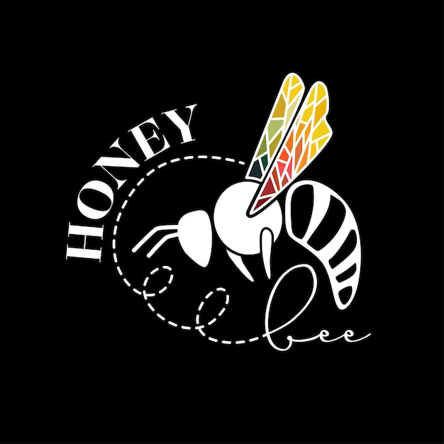 Logotipo de abeja de miel alas coloridas con ruta sobre fondo negro ilustración negro