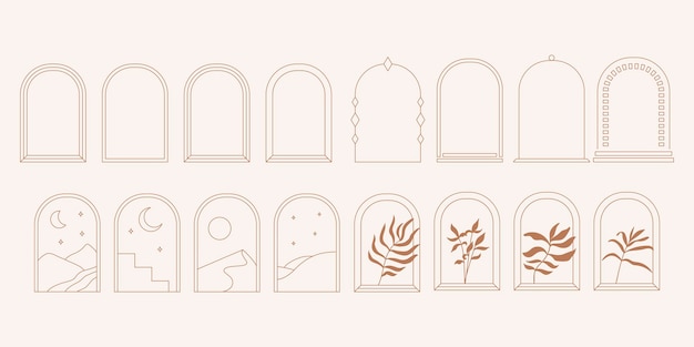 Logotipo abstracto de arcos y ventanas con plantillas de diseño de hojas de palma y luna en un moderno estilo lineal minimalista.