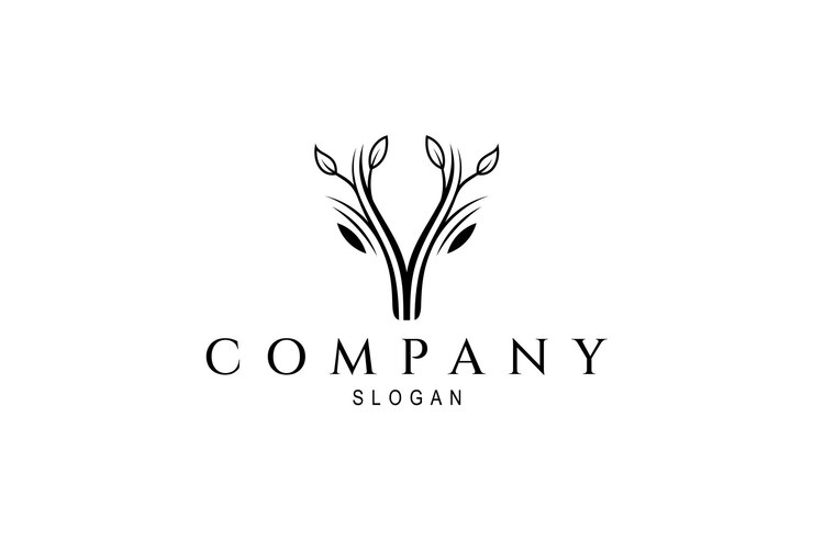 Logotipo abstracto de cabeza de ciervo con variedad de plantas en estilo de diseño plano simple