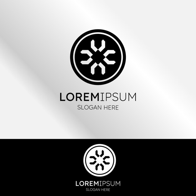 Logotipo abstracto circular geométrico en forma de V en blanco y negro