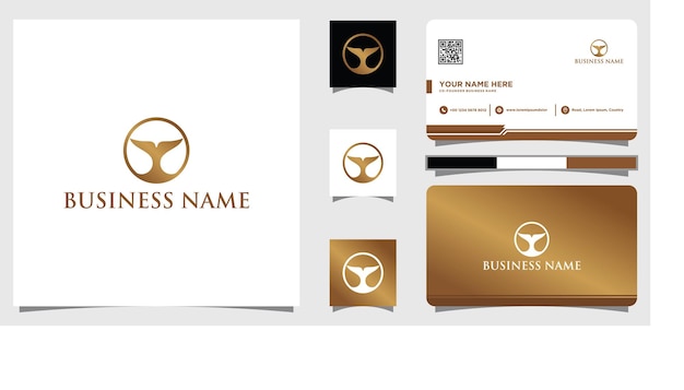 Logotipo abstracto de cola de ballena en estilo de lujo dorado y plantilla de diseño de tarjeta de visita vector premium