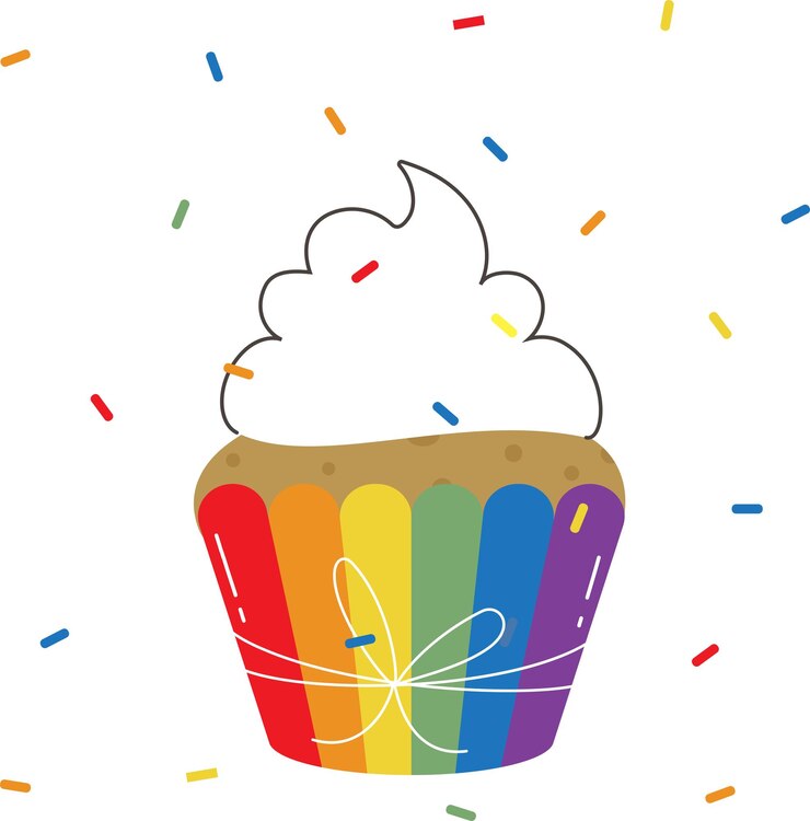 Logotipo abstracto en forma de cupcake envuelto en arco iris y confetti