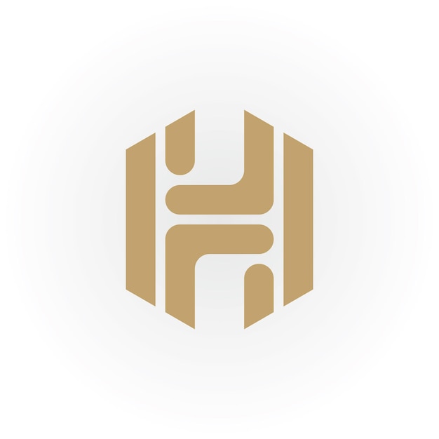 Logotipo abstracto de la letra inicial HF o FH en color dorado aislado sobre fondo blanco