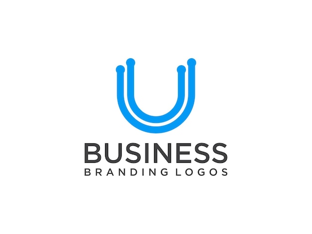 Logotipo abstracto de la letra inicial U. Fondo blanco de forma geométrica azul.