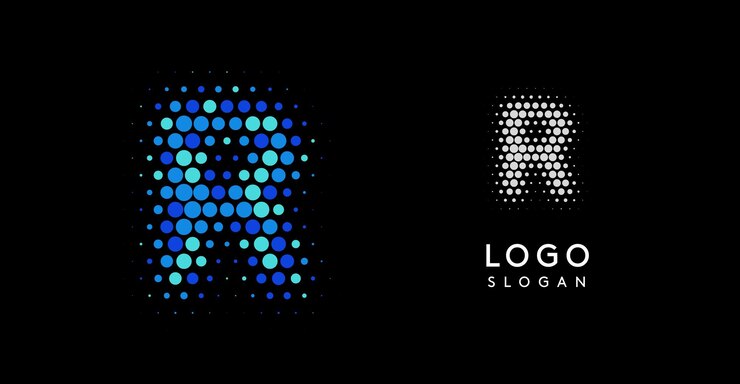 Vector logotipo abstracto de la letra r con puntos de gradiente azul diseño minimalista moderno ideal para la marca empresarial