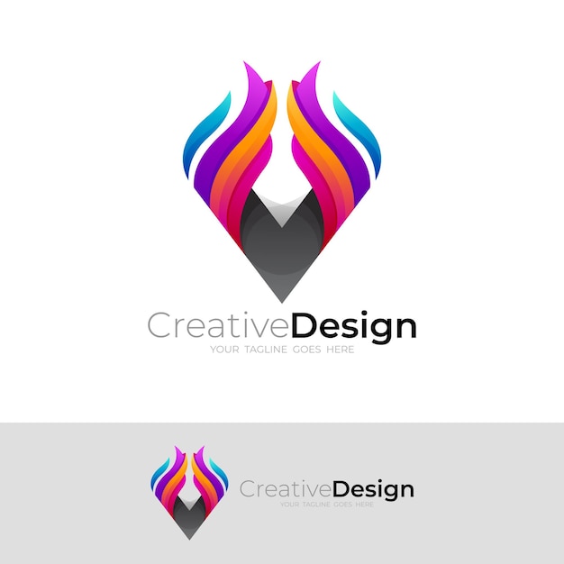 Logotipo abstracto de la letra V con ilustración de diseño de fuego, icono 3d