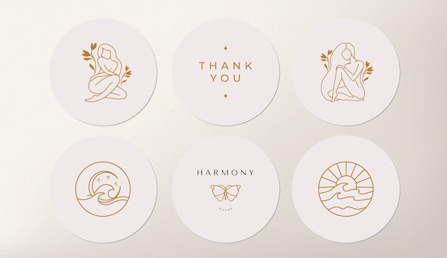 Logotipo abstracto vectorial con silueta femenina de mariposa y mar con sol Plantillas de diseño corporativo en estilo minimalista lineal de moda icono de emblema de estudio de belleza y cosmética para la moda de maquilladores