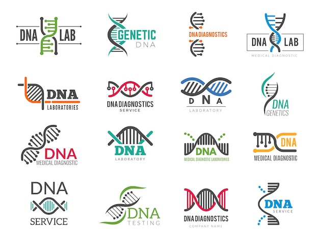 Logotipo de adn Identidad empresarial con símbolos de biotecnología de ciencia iconos biológicos farmacéuticos Ilustración de empresa médica de molécula de identidad de adn de logotipo