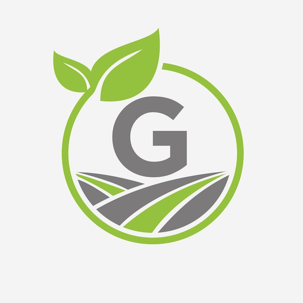 Logotipo de agricultura en la letra G con símbolo de hoja y campo Plantilla de símbolo de logotipo de agricultura