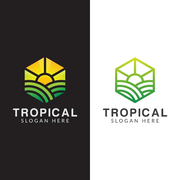 Logotipo de agricultura, logotipo de planta tropical con estilo de línea de arte