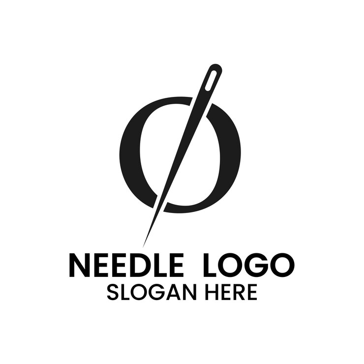 Vector logotipo de la aguja de la letra o, signo de sastre para bordar, textil, moda, tela, plantilla de tela