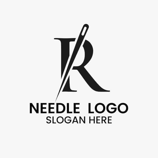 Logotipo de la aguja de la letra R, signo de sastre para bordar, textil, moda, tela, plantilla de tela