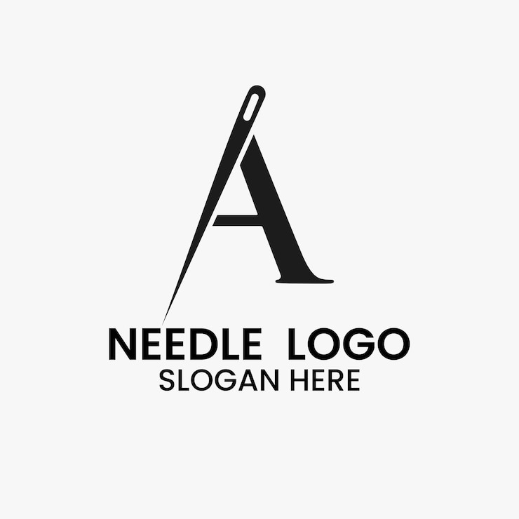 Vector logotipo de la aguja de la letra a, signo de sastre para bordar, textil, moda, tela, plantilla de tela
