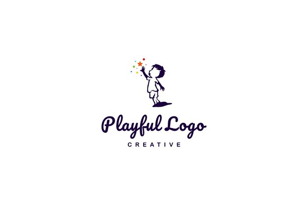 Logotipo alegre de un niño alcanzando las estrellas