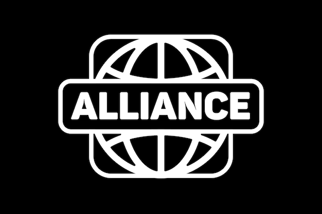 Logotipo para alianza con un globo terráqueo sobre fondo negro.