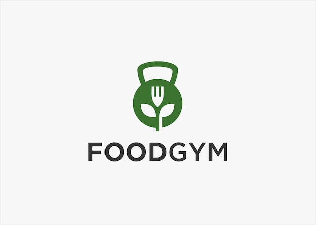logotipo de alimentos fitness con pesas rusas y hojas ilustración de silueta vectorial