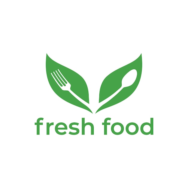 Logotipo de alimentos frescos con cuchara y tenedor de hoja